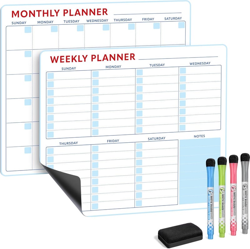 Beech & Lambert Magnetic Whiteboard Calendar for Fridge – 2-Pack Monthly & Weekly Planners (14”x12”) – Dry Erase Boards with Notes Section, Shaded Dates – Includes 4 Markers & Magnetic Eraser - Image 1